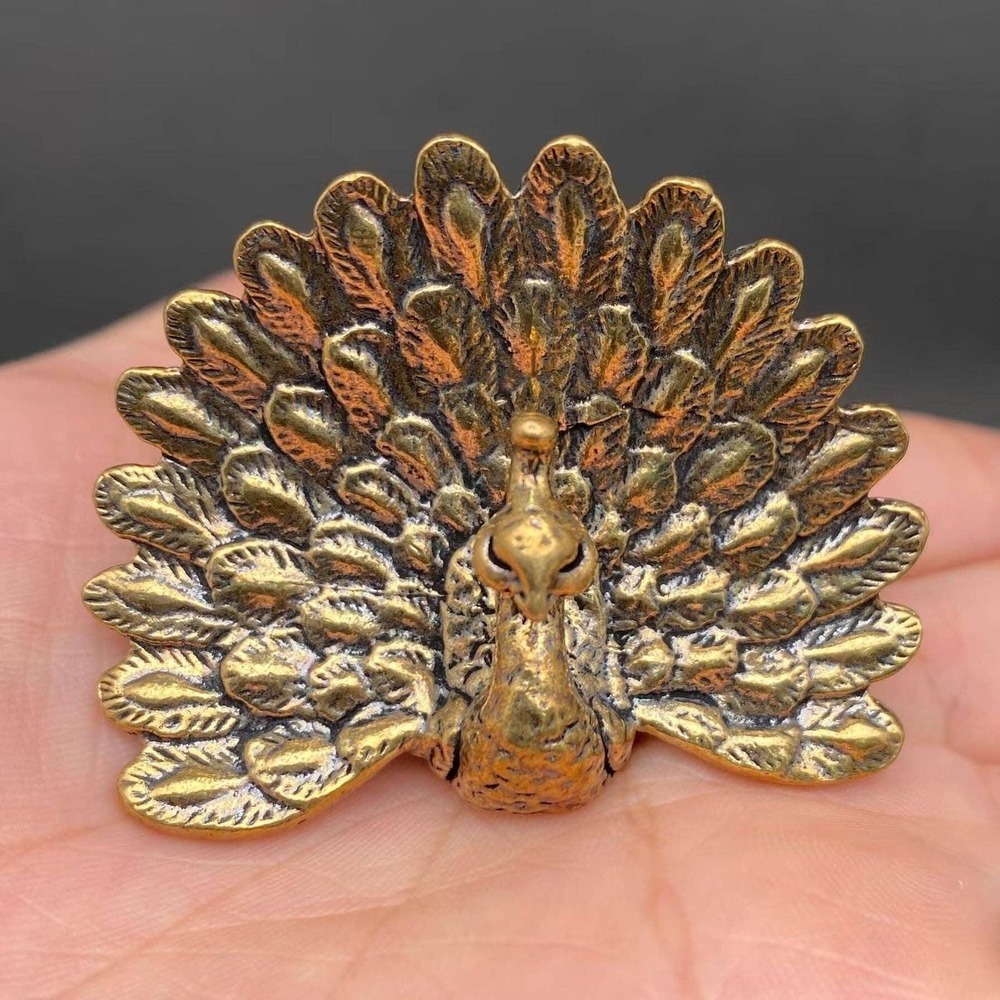 Brass Peacock Figurine Miniature Beauty Totem Altar Decor Spirit Animal